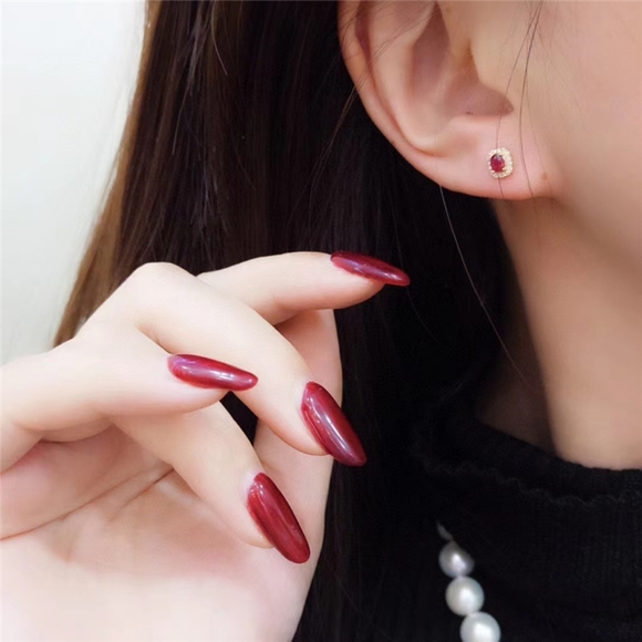 Diamond ruby ear stud with 18k solid gold - Picture 2 of 7